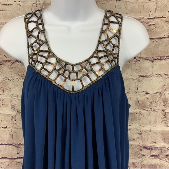 BCBGMAXAZRIA Blue Sequin Embellished Cut Out Neck Sleeveless Mini Dress - Picture 6 of 14